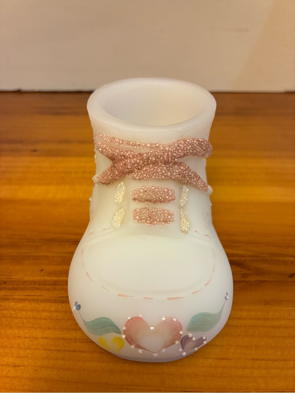 Vintage Fenton Hand-Painted White Satin Glass Baby Bootie Figurine